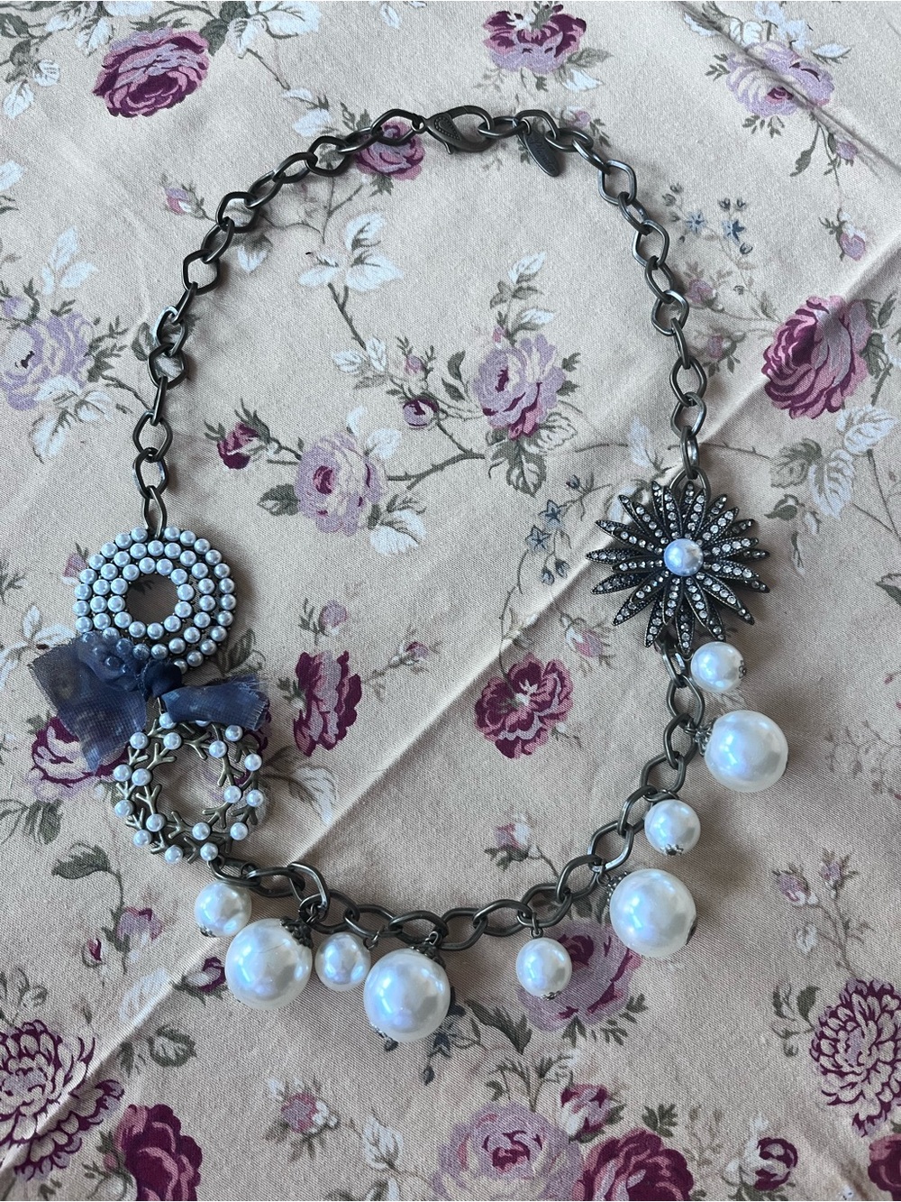 Plunder Leopard Ribbon Pearl & Crystal Charm Necklace